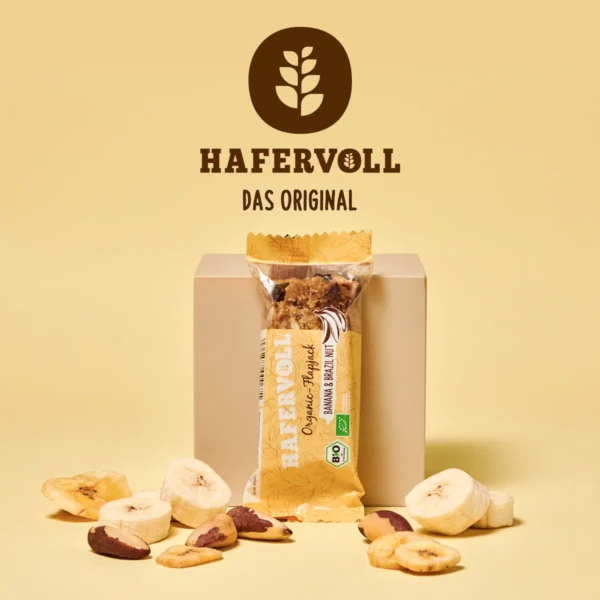 HAFERVOLL Organic Flapjack Banana & Brazil Nut 60g – Verpackung mit HAFERVOLL-Logo und Paranüssen