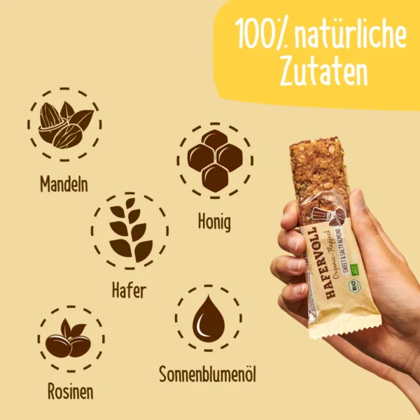 HAFERVOLL Organic Flapjack Sweet & Salty Almond 60g – Riegel in der Hand mit Zutaten-Icons