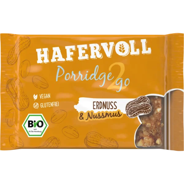 HAFERVOLL Porridge2go Erdnuss 55g – veganer, glutenfreier Bio-Haferbrei im Beutel