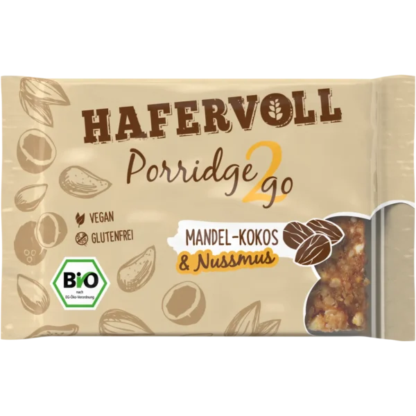 HAFERVOLL Porridge2go Mandel-Kokos 55g – veganer, glutenfreier Bio-Haferbrei im Beutel