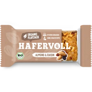 HAFERVOLL Organic Flapjack Almond & Raisin 60g – Riegel in der Verpackung