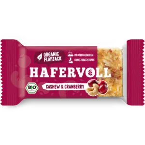 HAFERVOLL Organic Flapjack Berry & Cashew 60g – Riegel in der Verpackung