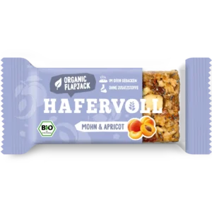 HAFERVOLL Organic Flapjack Poppy Seed & Apricot 60g – Riegel in der Verpackung