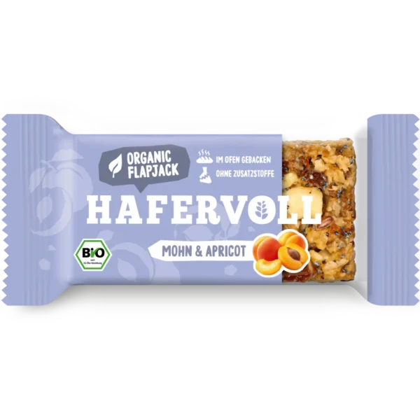 HAFERVOLL Organic Flapjack Poppy Seed & Apricot 60g – Riegel in der Verpackung