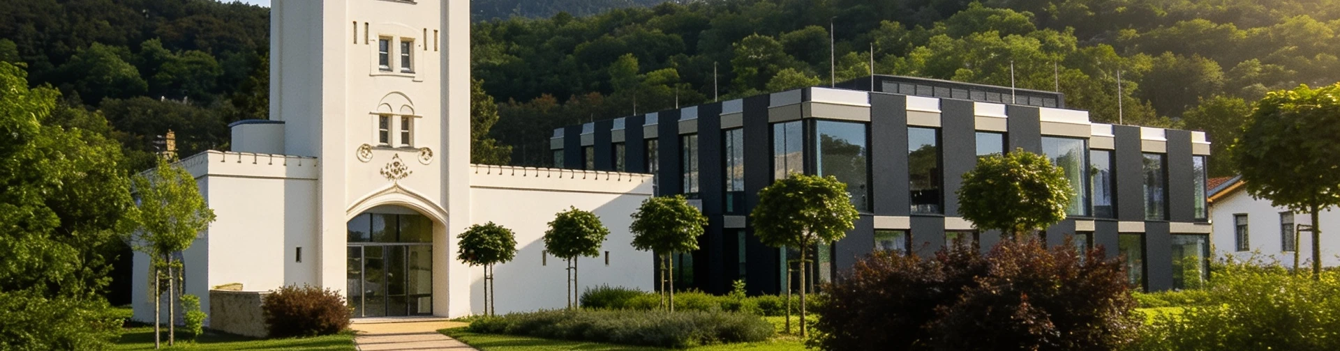 Modernes Bürogebäude mit Glasfassade neben historischem weißem Turm – Firmensitz von Krüger Austria