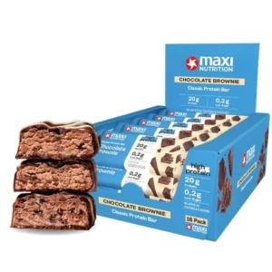 MaxiNutrition Classic Protein Bar Chocolate Brownie 40g – Verkaufstray mit 18 Riegeln und angeschnittenem Riegel
