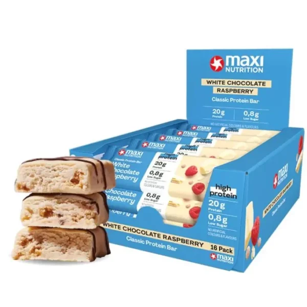 MaxiNutrition Classic Protein Bar White Chocolate Raspberry 40g – Verkaufstray mit 18 Riegeln und angeschnittenem Riegel