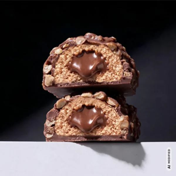 MaxiNutrition Creamy Core Protein Bar Hazelnut Nougat – zwei aufgeschnittene Riegelhälften mit Nougatfüllung
