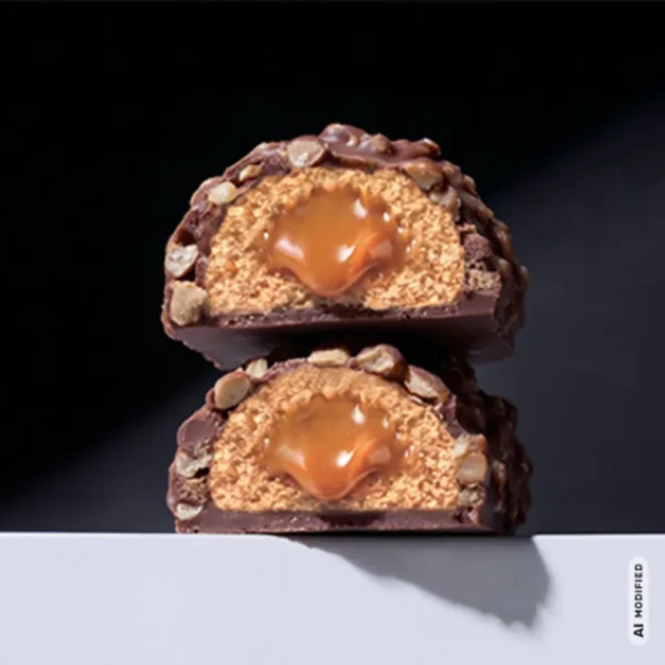 MaxiNutrition Creamy Core Protein Bar Peanut Caramel – zwei aufgeschnittene Riegelhälften mit Karamellfüllung