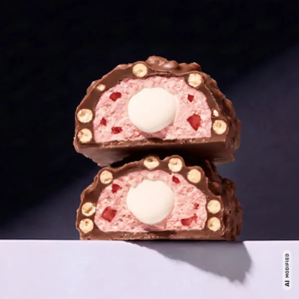 MaxiNutrition Creamy Core Protein Bar Strawberry Yoghurt – zwei aufgeschnittene Riegelhälften mit Joghurt-Erdbeer-Füllung