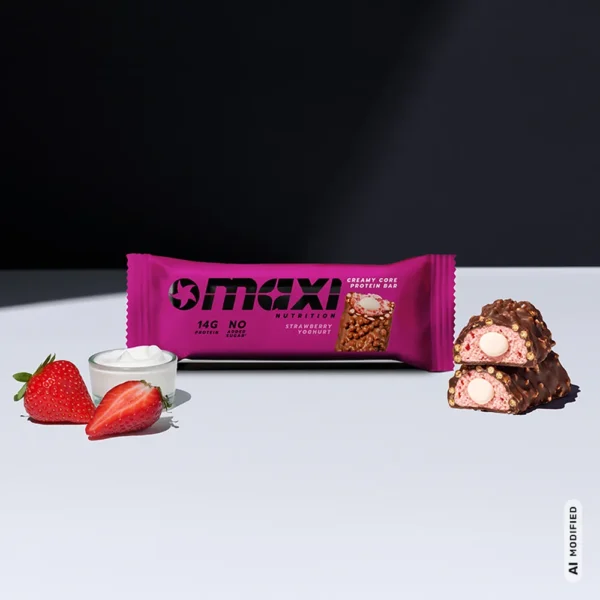 MaxiNutrition Creamy Core Protein Bar Strawberry Yoghurt Verpackung mit frischen Erdbeeren und Joghurt als Zutaten-Mood