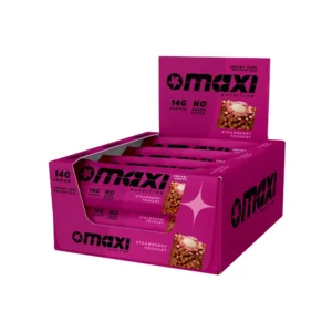 MaxiNutrition Creamy Core Protein Bar Strawberry Yoghurt – geöffnete Displaybox mit mehreren Riegeln freigestellt