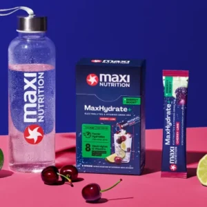 MaxiNutrition MaxHydrate Energy Elektrolyt Drink Stick Cherry Lime 8x16g – Faltschachtel mit Zutaten