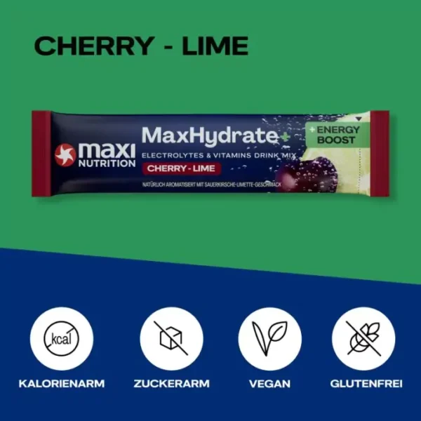 MaxiNutrition MaxHydrate Energy Elektrolyt Drink Stick Cherry Lime 8x16g – USP-Grafik