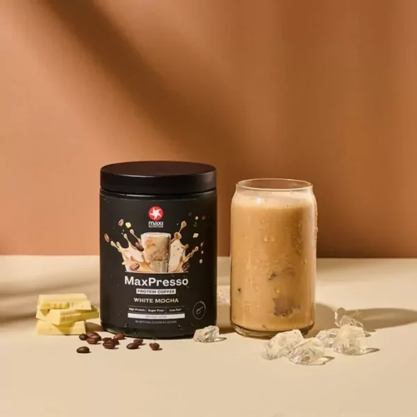 MaxiNutrition MaxPresso Protein Kaffee White Mocha 300g – Shake im Glas