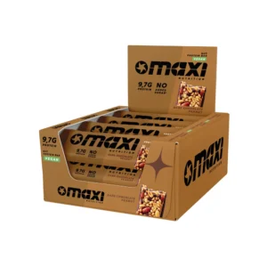 MaxiNutrition Protein Nut Bar Dark Chocolate Peanut 46g – geöffnete Displaybox mit mehreren Riegeln freigestellt