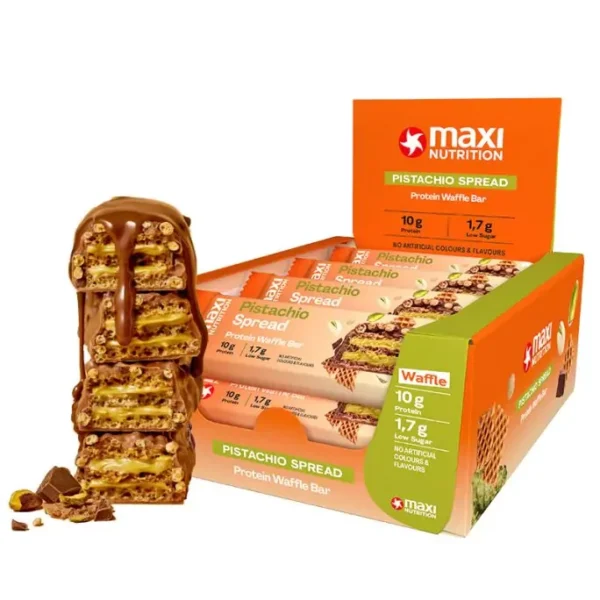 MaxiNutrition Protein Waffle Bar Pistachio Spread 39g – Perfo-Tray mit Riegeln